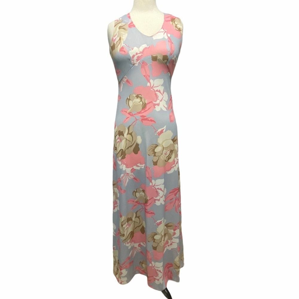 Floral Maxi Dress Empire Waist Sleeveless V-Neck Pink Blue‎ Cream Size Small